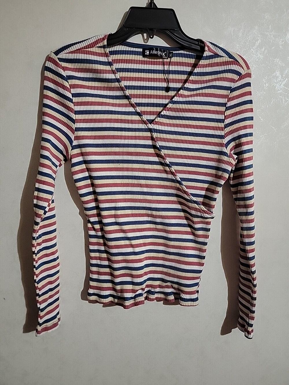 Allegra K Crossover Form Fitting Top Ribbed Striped sz XL SMALL FITTING